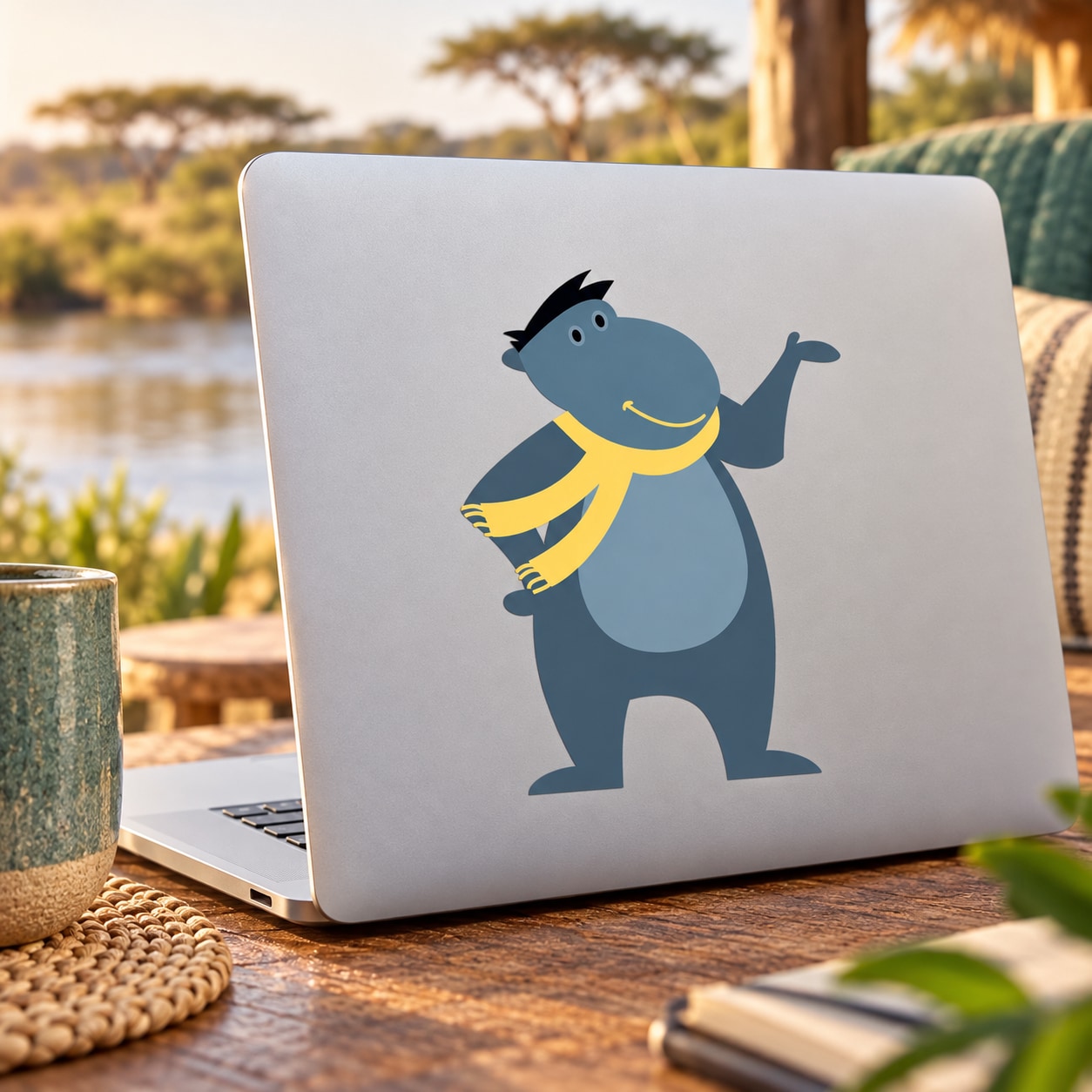 Blue hippo wearing a yellow scarf sticker on a laptop lid