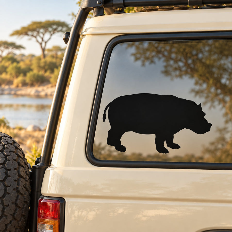 Black hippo silhouette decal on car window