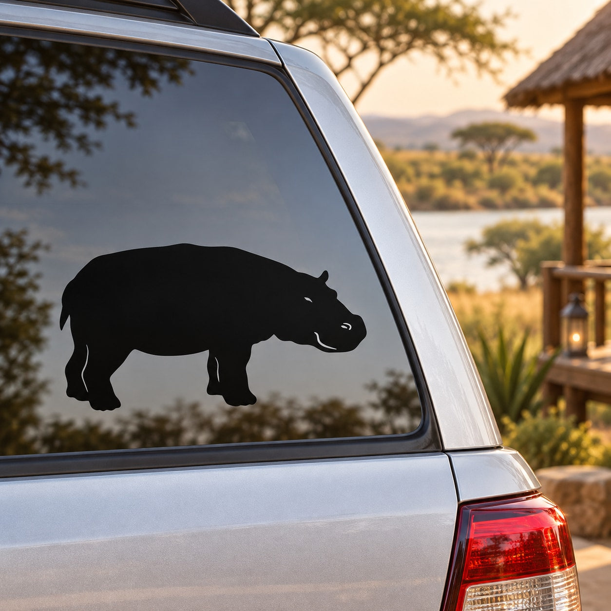 Black hippo silhouette car window decal with grazing pose
