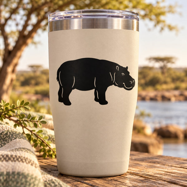 Black hippo looking decal on light tumbler surface