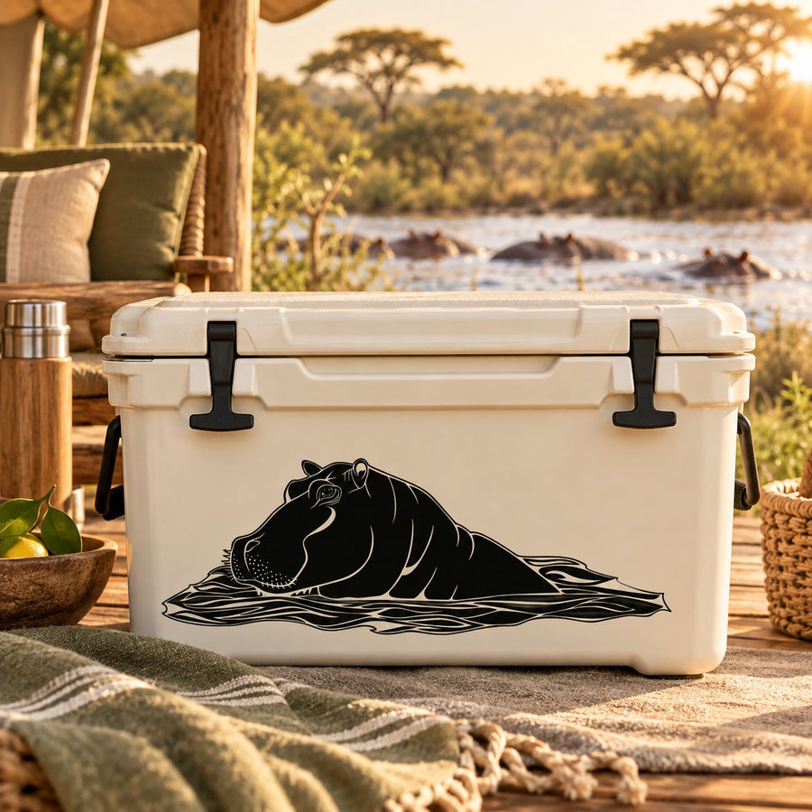Hippopotamus in water vinyl decal, black hippo and ripples graphic