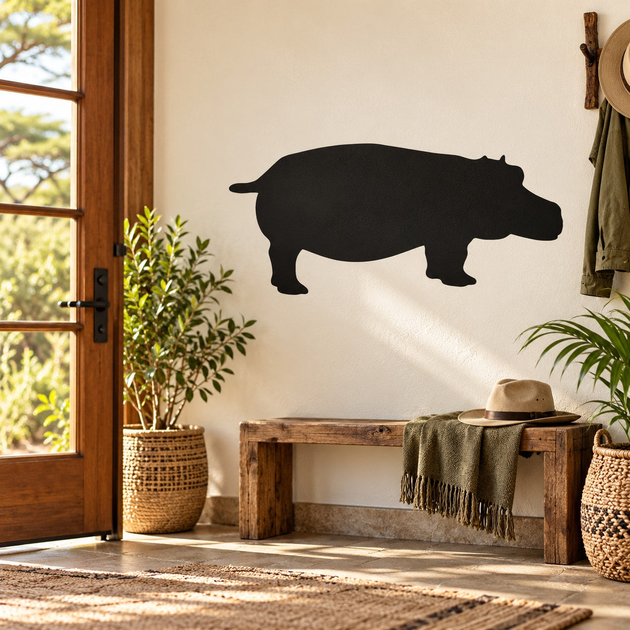 Standing hippo profile wall decal, black silhouette for home decor