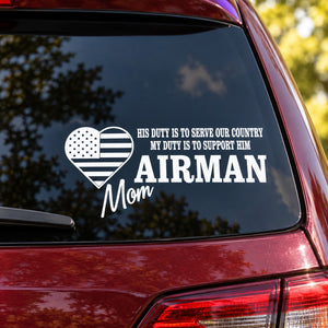 Airman Mom duty decal with heart U.S. flag icon and 'Airman Mom' text on car window