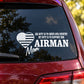 Airman Mom duty decal with heart U.S. flag icon and 'Airman Mom' text on car window