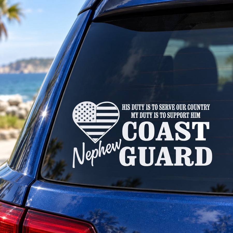Coast Guard car decal with heart US flag and bold “Nephew” text