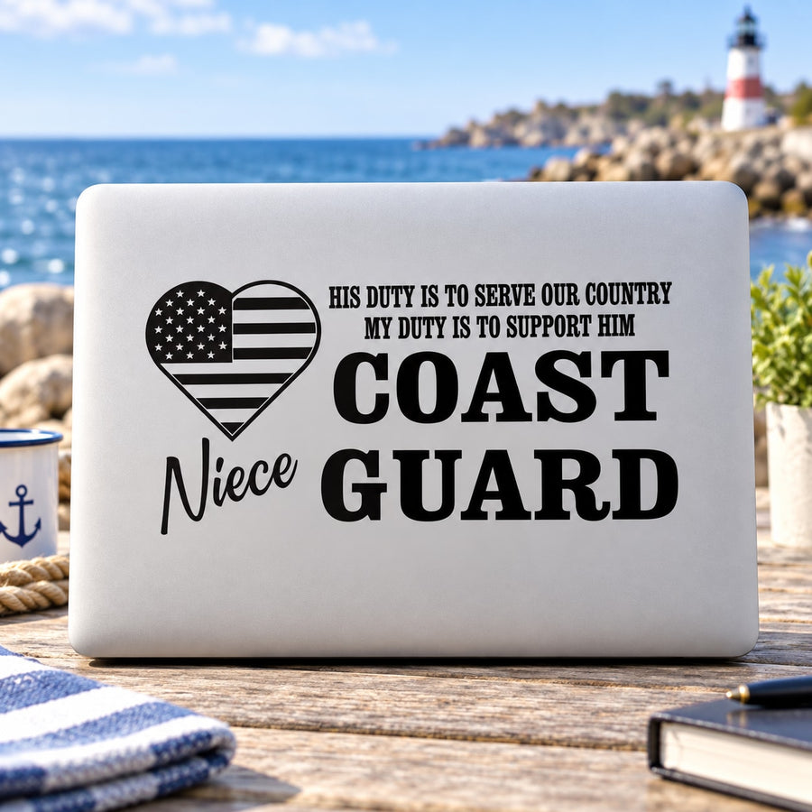 Coast Guard decal with heart flag, 'Niece' script, and bold 'Coast Guard' text