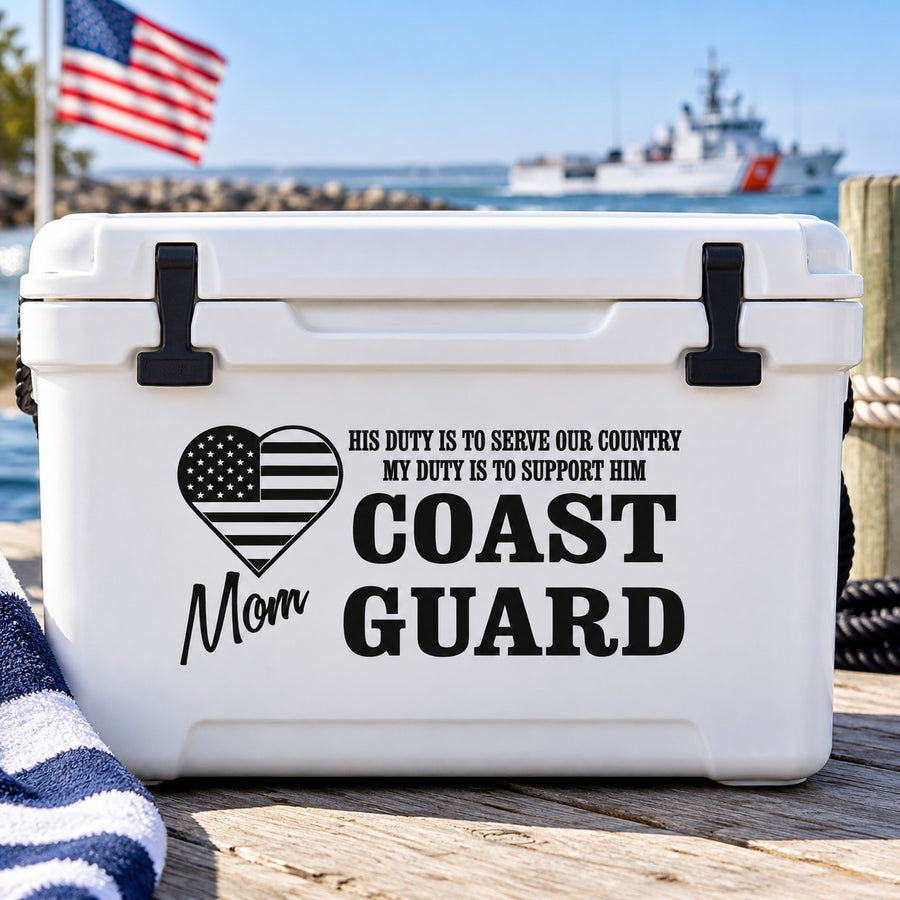 Coast Guard decal sticker: heart flag and text "Coast Guard" with Mom.