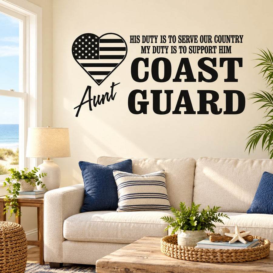 Coast Guard wall decal with heart U.S. flag and 'Aunt' script
