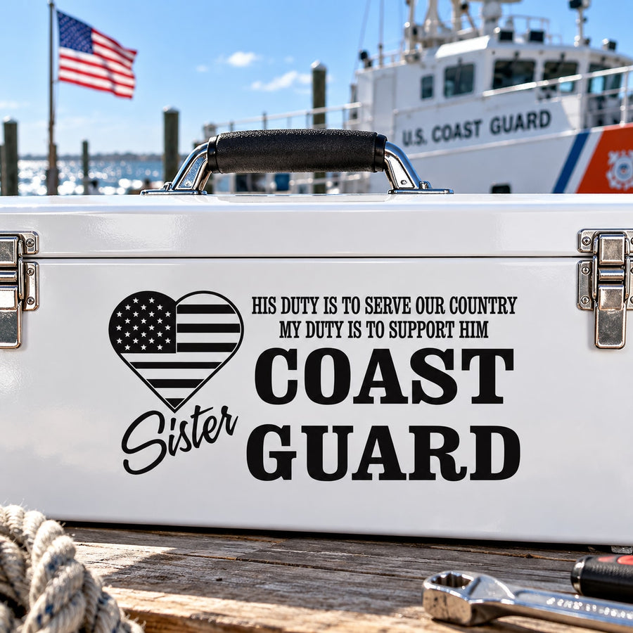 Coast Guard decal: heart US flag with duty message and large “COAST GUARD”