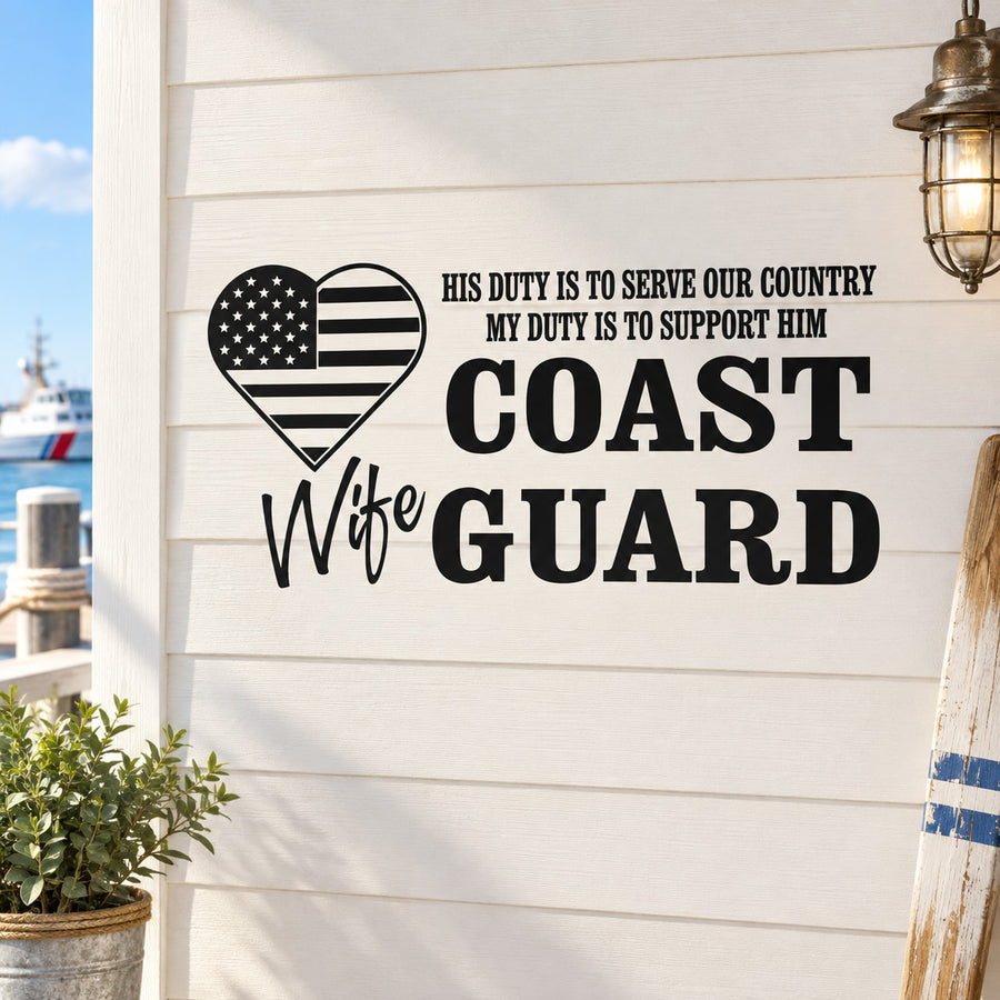 Coast Guard wife duty decal with heart and patriotic lettering
