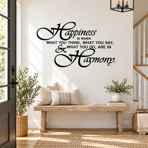 Inspirational wall decal, black cursive quote: Happiness & Harmony