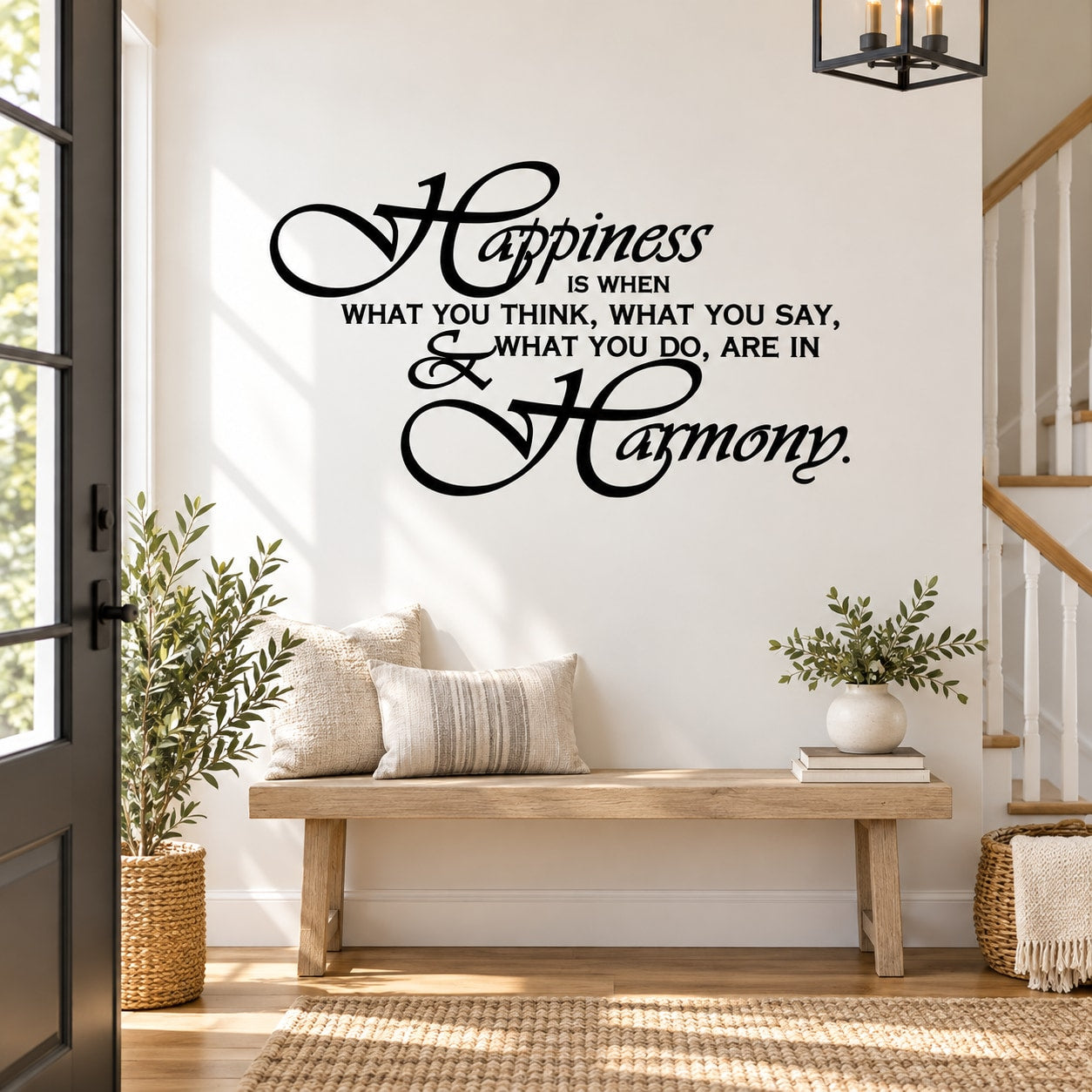 Inspirational wall decal, black cursive quote: Happiness & Harmony