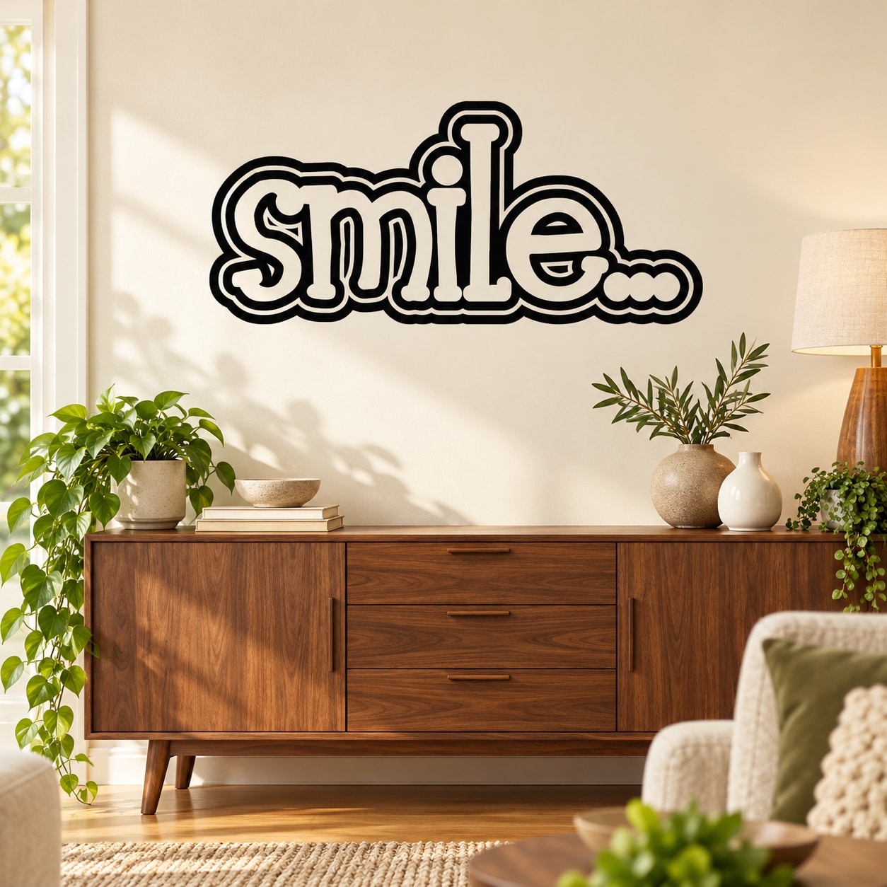 Smile word wall decal in bold black with cloud-outline lettering