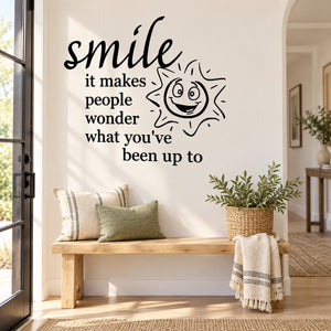 Smile it makes people wonder what you’ve been up to Decal — illustrative vinyl decal application mockup. Surrounding objects are not included.
