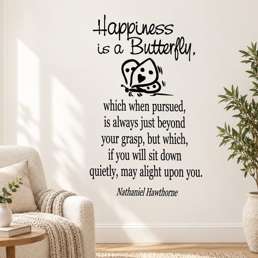 Wall decal with butterfly and quote text in black script, includes Hawthorne signature