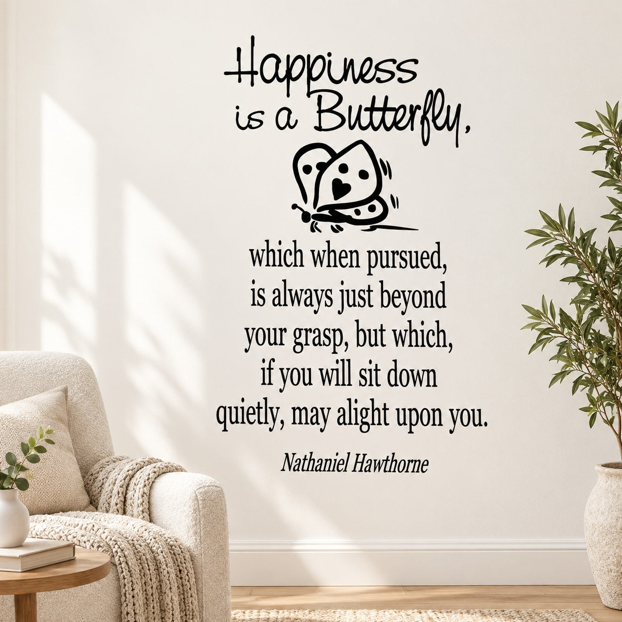Wall decal with butterfly and quote text in black script, includes Hawthorne signature