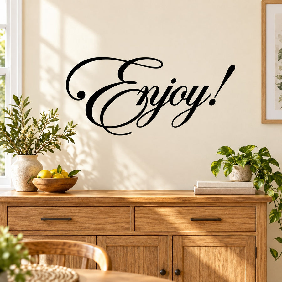 Black cursive "Enjoy!" wall decal with swirly script