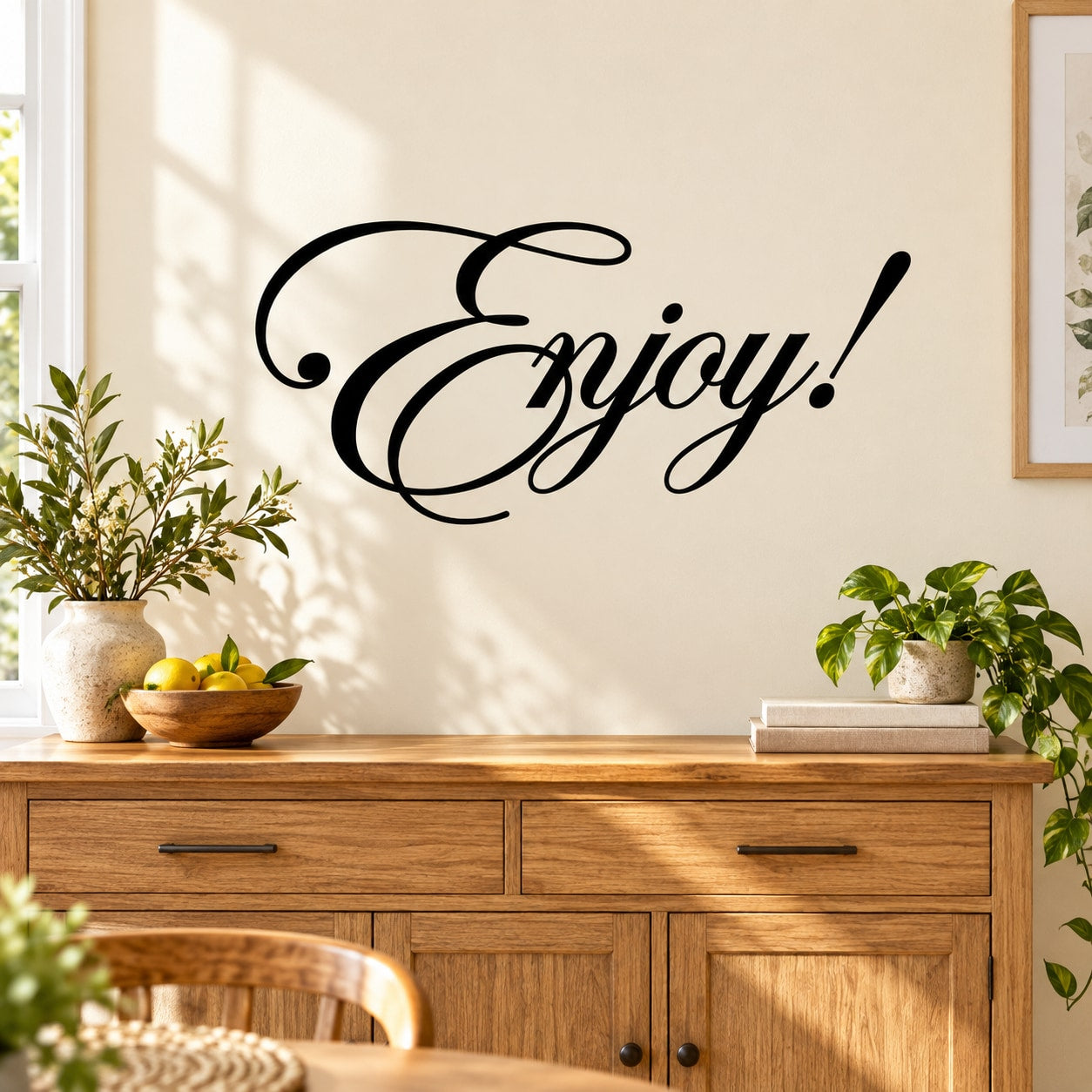 Black cursive "Enjoy!" wall decal with swirly script