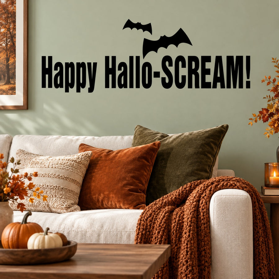 Halloween wall decal with “Happy Hallo-SCREAM!” text and black bat icons