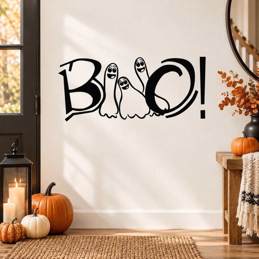 Halloween BOO! trio ghost wall decal, black and white