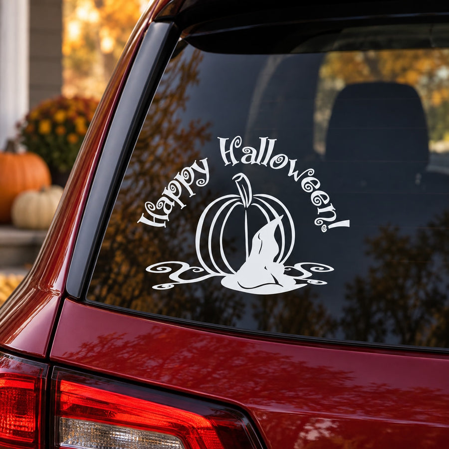 Happy Halloween pumpkin and hat window decal with cat silhouette and white lettering