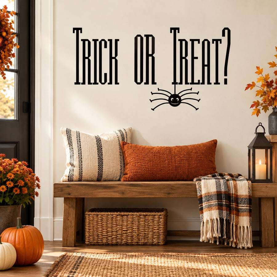 Halloween trick-or-treat spider wall decal with “TRICK OR TREAT!” text and spider icon