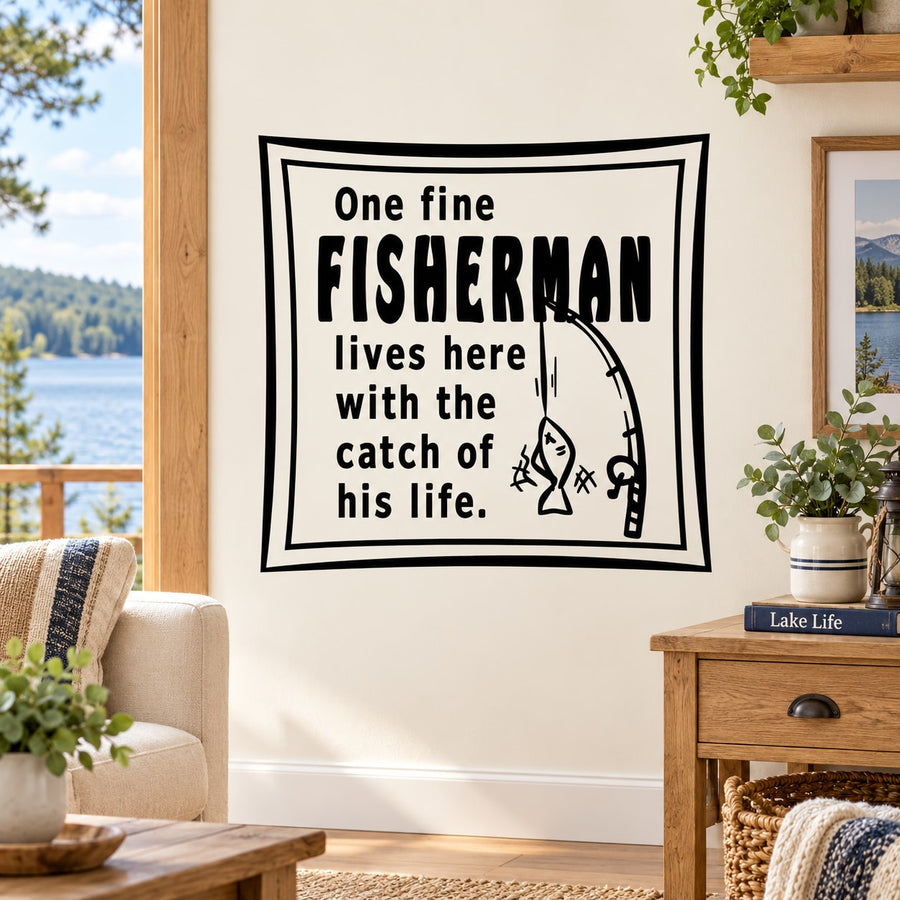 Square black-and-white fisherman quote wall decal with fishing hook graphic and text