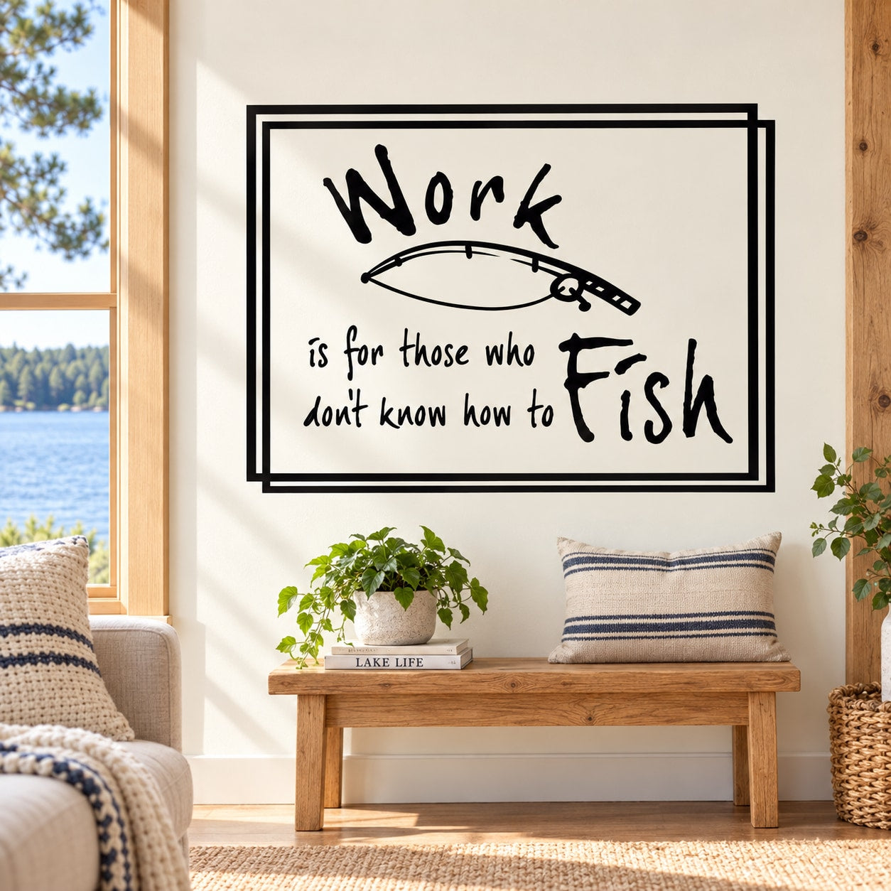 Fishing-themed wall decal: black quote text with hook-and-fish graphic in black frame.