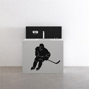 Black hockey player decal with stick, single silhouette