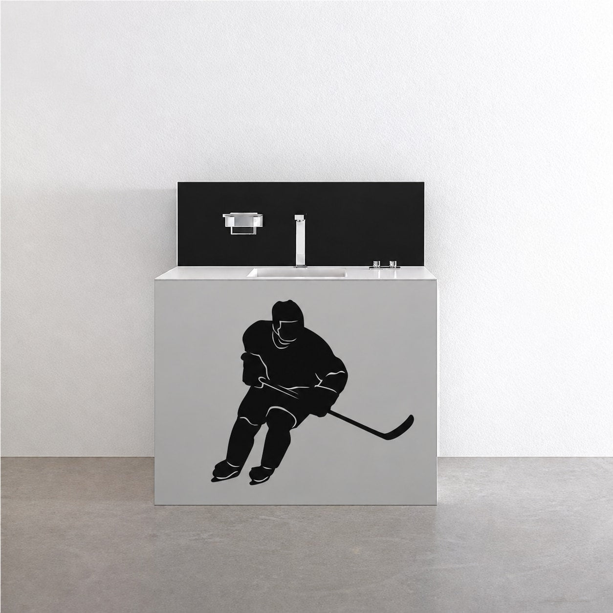 Black hockey player decal with stick, single silhouette