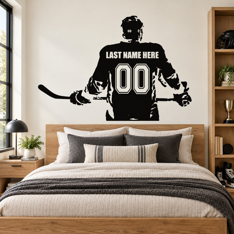 Custom hockey player wall decal with jersey number 00 and placeholder last name text