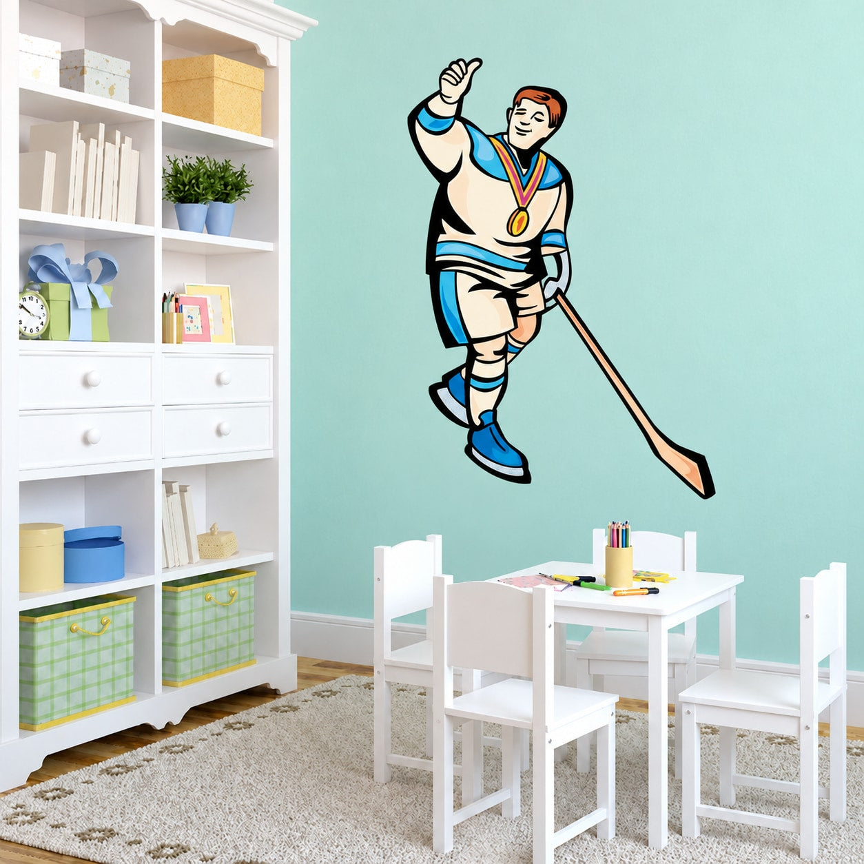 Hockey player wall decal vinyl sticker, cartoon athlete holding hockey stick