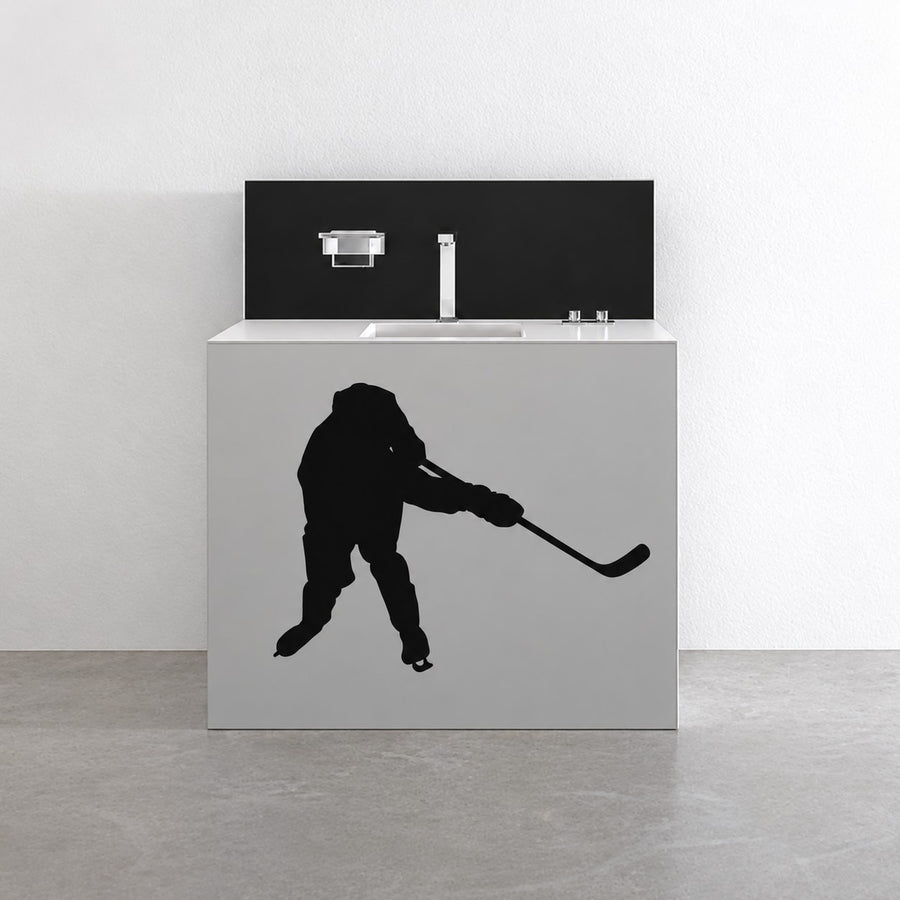 Ice hockey player decal with black silhouette in slapshot pose