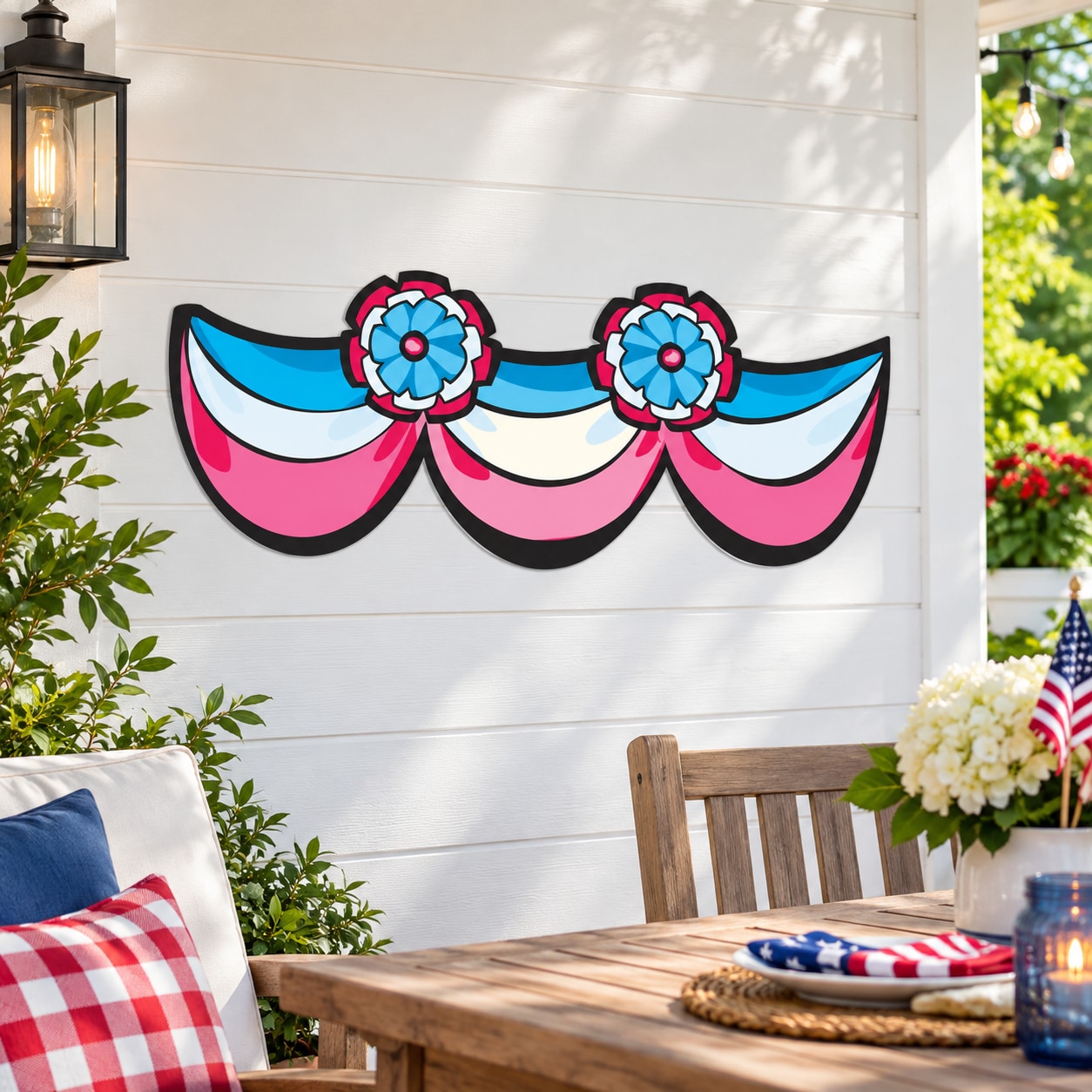 Fourth of July bunting sticker with blue and pink scallops and red-white flower accents