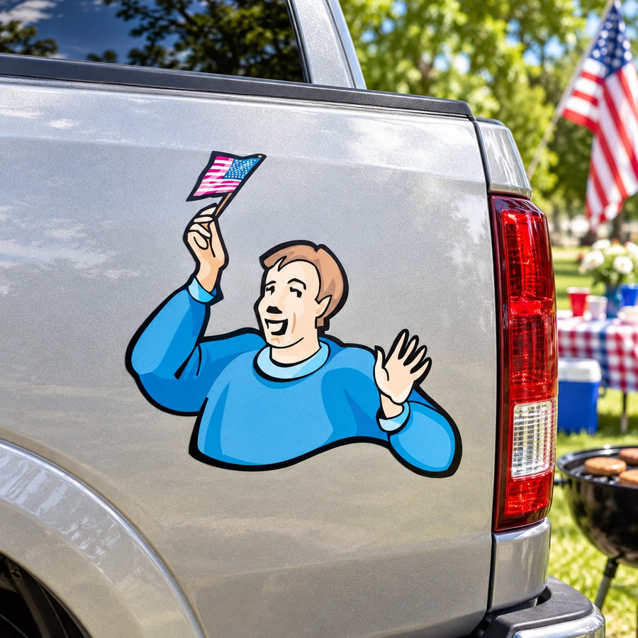 American flag waving man cartoon decal on silver car panel