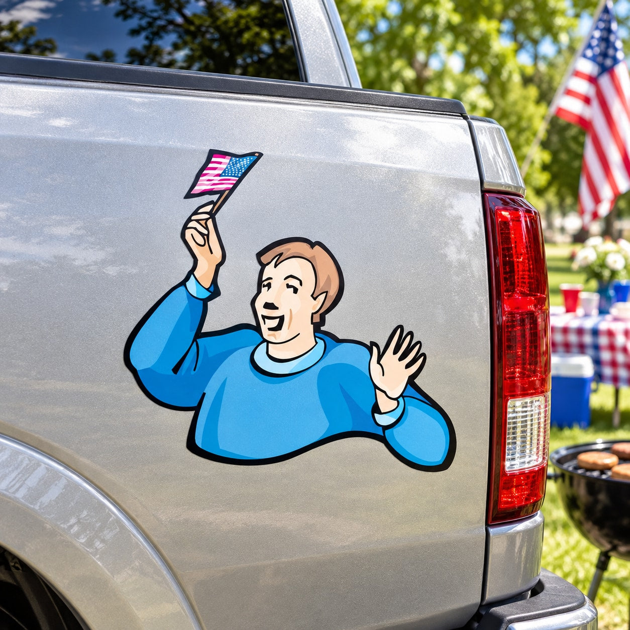 American flag waving man cartoon decal on silver car panel