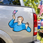 American flag waving man cartoon decal on silver car panel