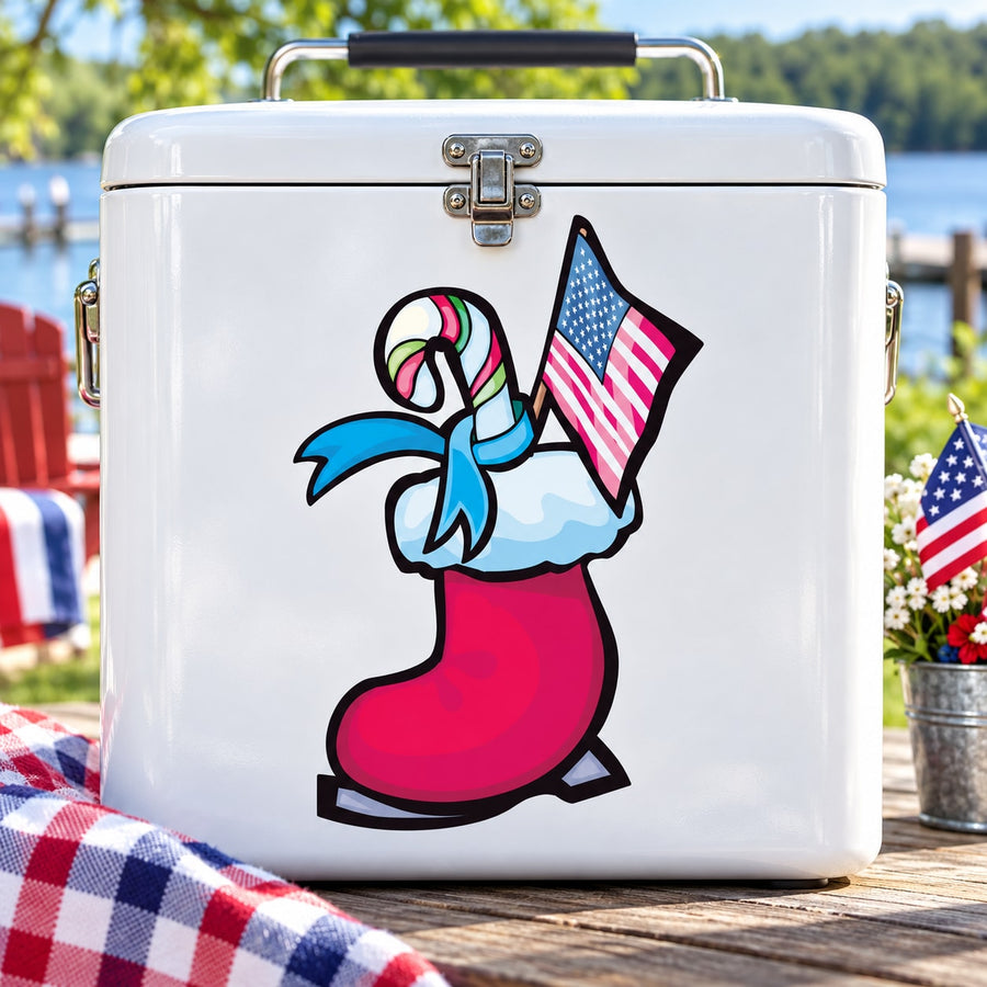 Ice skate style cartoon sticker: dog with candy-cane stripes and small American flag
