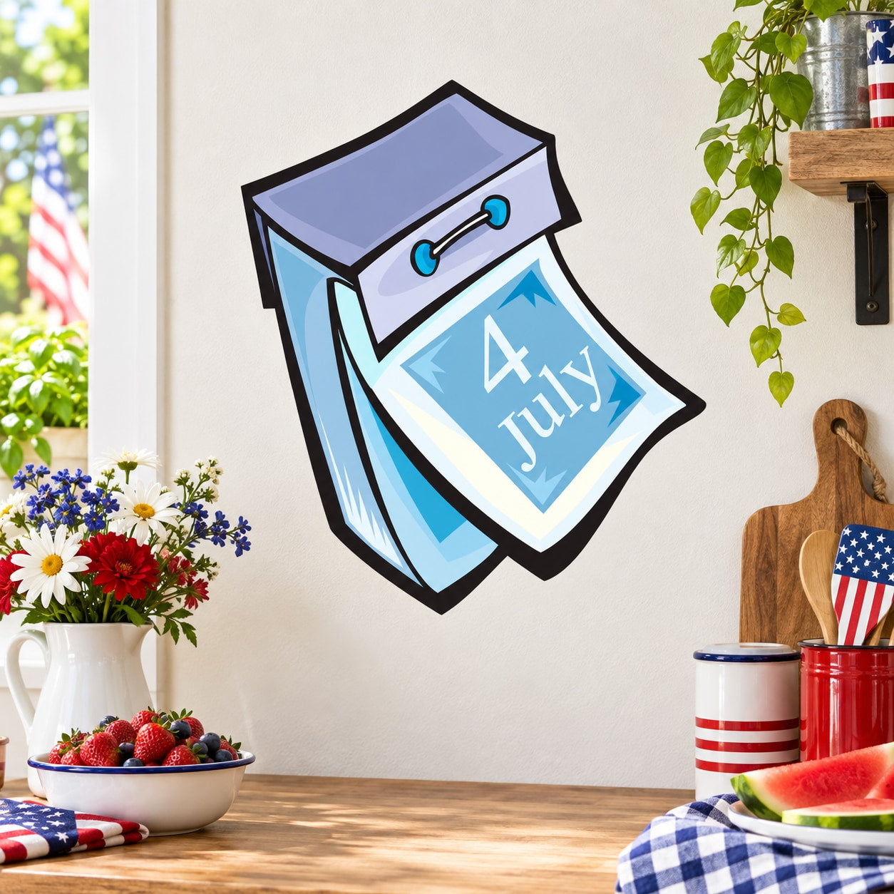 July 4 calendar page sticker, blue illustrated card design