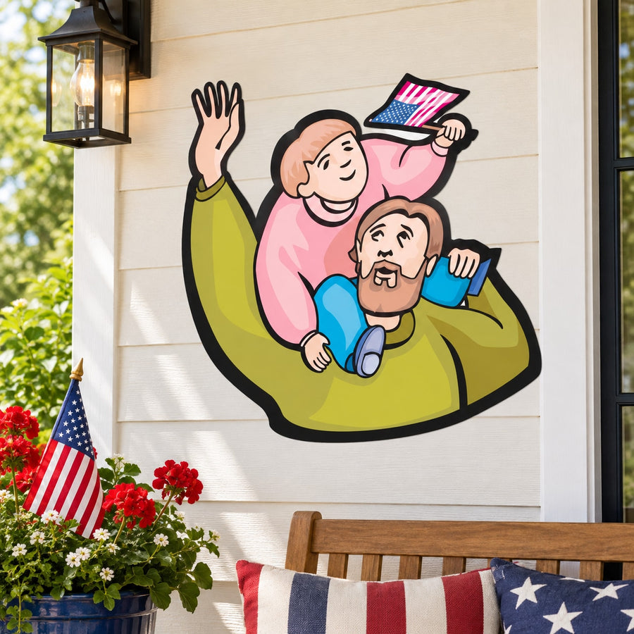 Fourth of July father-and-son cartoon sticker: waving with an American flag