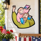 Fourth of July father-and-son cartoon sticker: waving with an American flag
