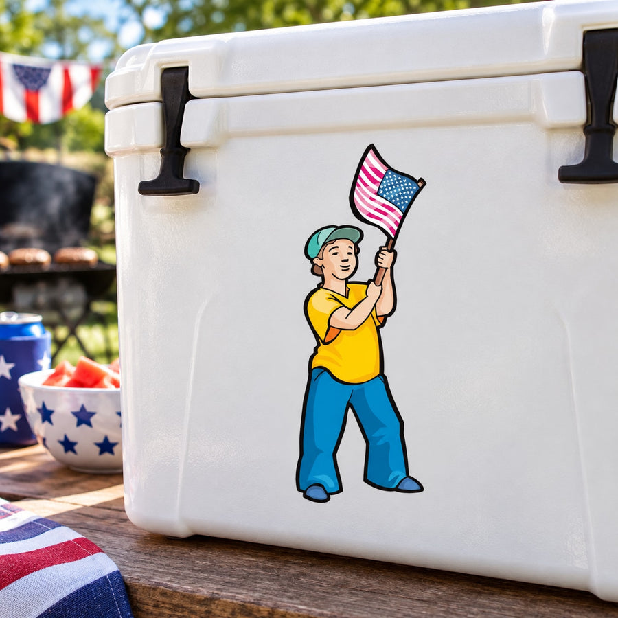 Boy waving flag sticker on a white cooler