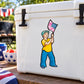 Boy waving flag sticker on a white cooler