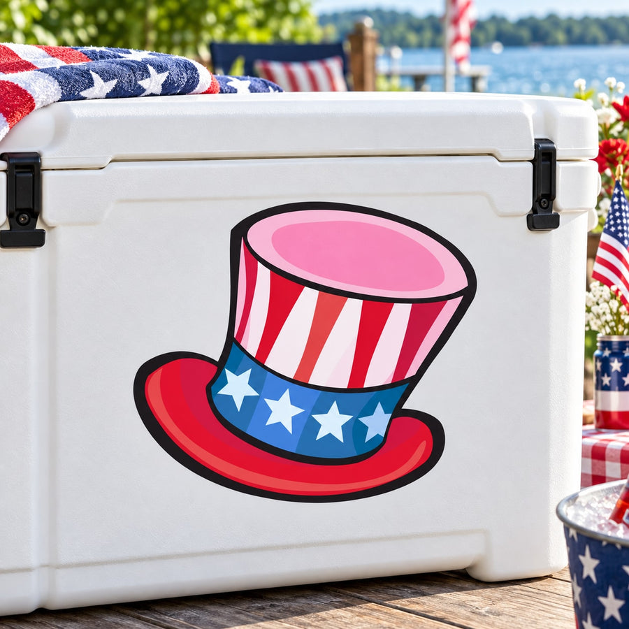 Patriotic top hat sticker with red, white, and blue stars and striped design