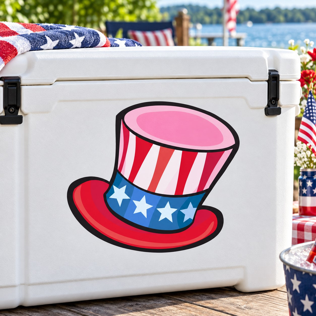 Patriotic top hat sticker with red, white, and blue stars and striped design