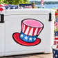 Patriotic top hat sticker with red, white, and blue stars and striped design