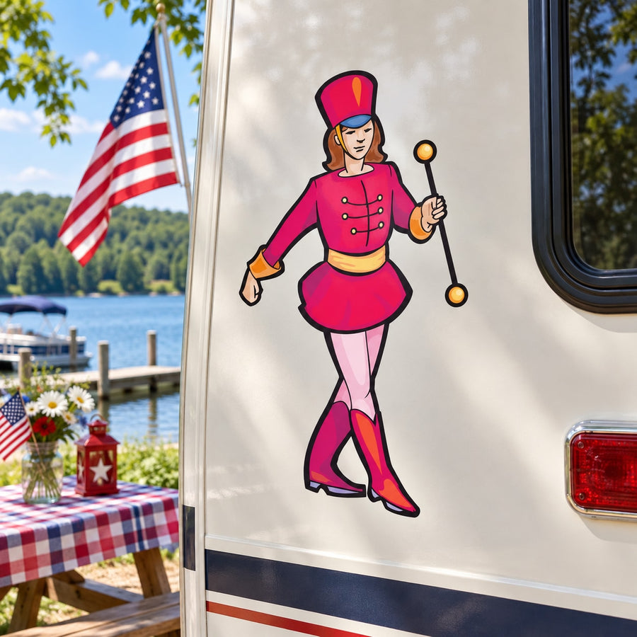 Marching band girl baton sticker with illustrated girl in pink uniform holding a baton