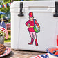 Marching band male sticker, cartoon performer in red uniform holding a drum