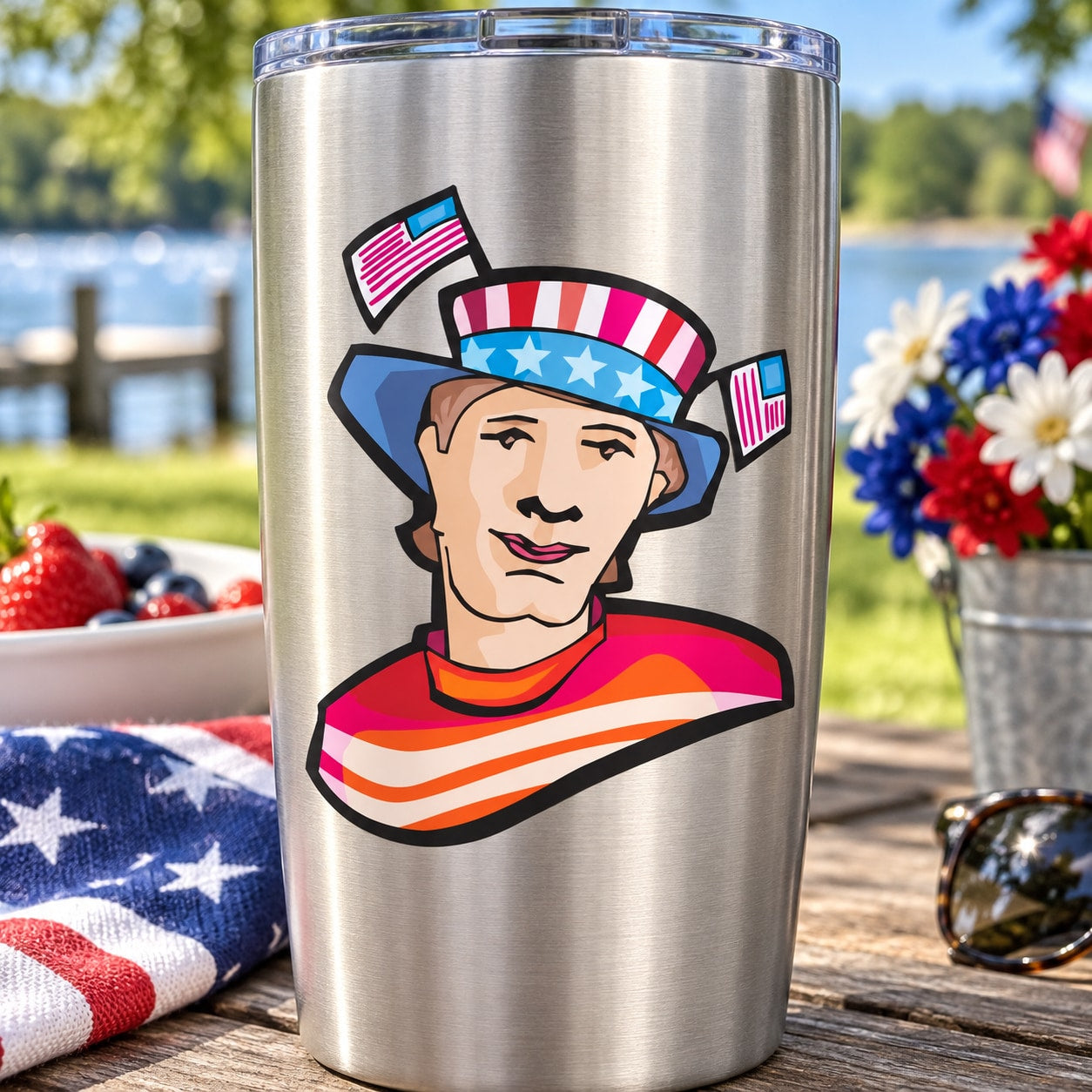 Stainless steel tumbler with patriotic cartoon sticker of man in flag hat