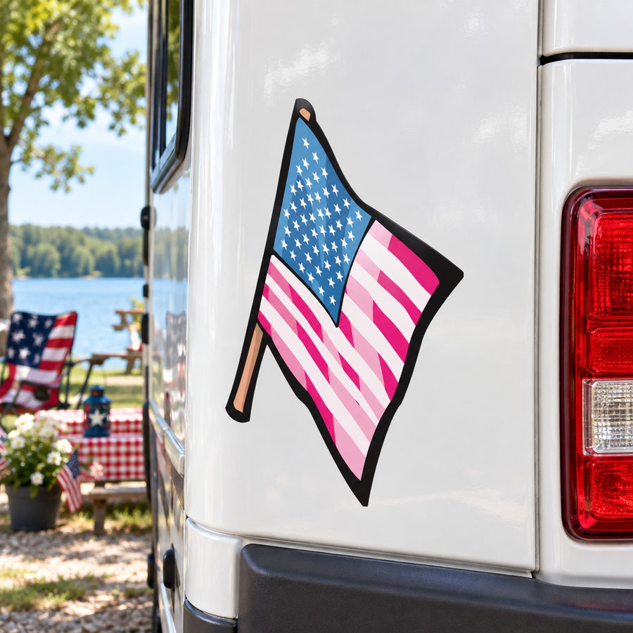 Die-cut vinyl sticker of an American flag waving